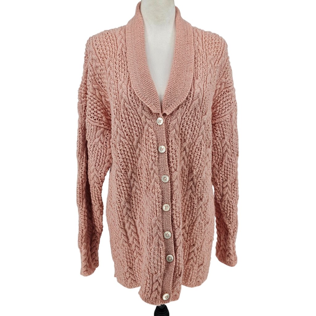 Vintage Susan Duckworth Wool Hand Knit Fisherman Cardigan Sweater L Pink Shawl